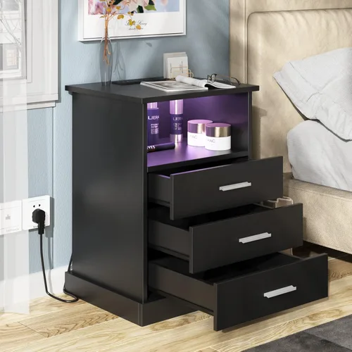 Miniatura 4 de Halitaa Mesita de noche LED negra con estación de carga, mesa auxiliar con 3 cajones y luz, mesa de cabecera con almacenamiento abierto, gabinete