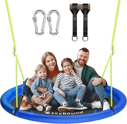 Columpio de árbol de 43 pulgadas, capacidad de peso de 600 libras, columpio volador impermeable para exteriores con mosquetones colgantes Azul