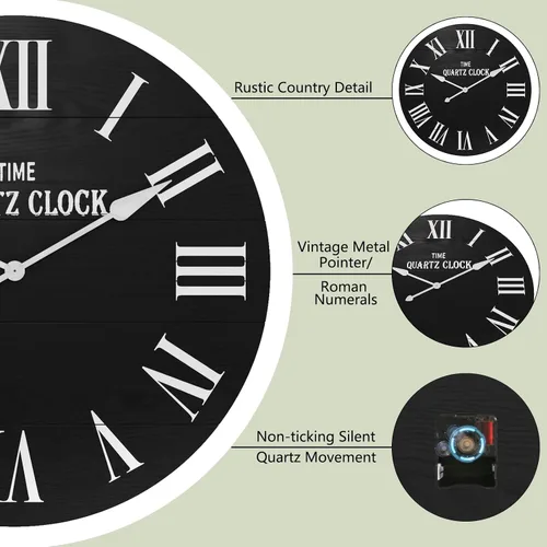 Miniatura 3 de ARTPOWER Reloj de pared grande de granja, reloj de pared Shiplap de 35.5 pulgadas con número romano, casi sin tictac, relojes de pared redondos