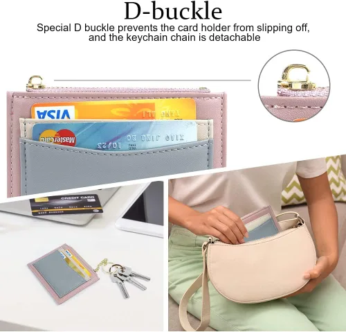 Miniatura 69 de URAQT Cartera para tarjetas de crédito, cartera minimalista de cuero delgado con cremallera, mini protector de tarjeta de crédito, llavero bolsillo