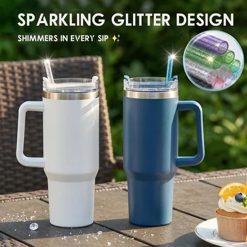 Miniatura 4 de 12 paquetes de pajitas brillantes de repuesto y fundas para taza de viaje Stanley Adventure de 40 oz, pajitas brillantes reutilizables con cepillo