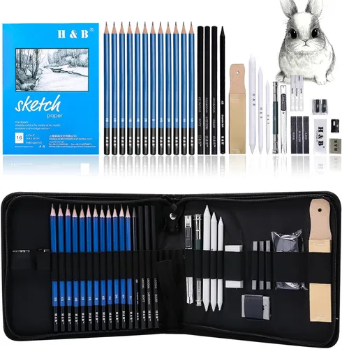 Miniatura 9 de H & B Kit de dibujo profesional de 40 piezas, kit completo de artista, incluye lápices de grafito, pasteles, sacapuntas y borrador