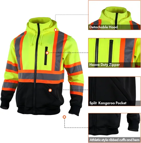 Miniatura 4 de VENDACE Sudadera con capucha reflectante de alta visibilidad ANSI Clase 3 para hombres con capucha desmontable (amarillo, XL)