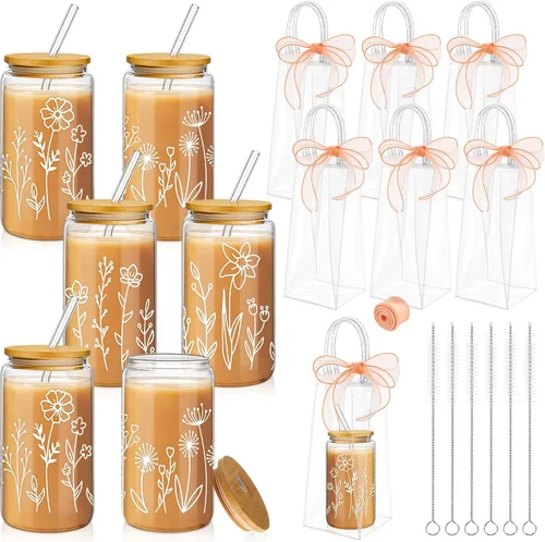Mumufy 6 Juegos de Tazas de Vidrio Florales Bohemias con Bolsa de Regalo Transparente de 16 onzas, Tazas de Café Helado Reutilizables con Flores,