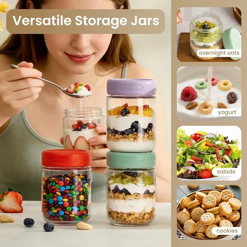 Miniatura 7 de Paquete de 6 tarros de vidrio de 16 onzas con tapas, tarros de almacenamiento de vidrio, recipientes de yogur con tapas para ensalada de pudín