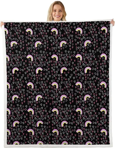 Erosebridal Girls Fleece Blanket 40x50 | Heart Rainbow Fuzzy Plush Throw for Sofa Couch Hand Drawn Sherpa Blanket Cartoon Love Geometric Pattern