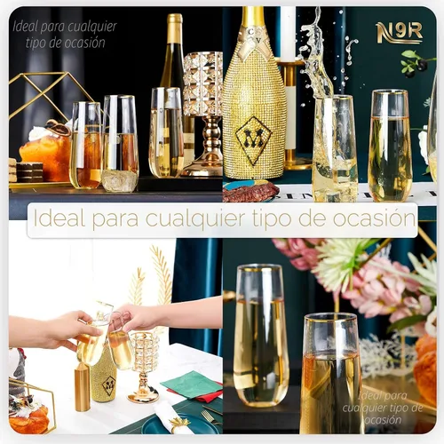 Miniatura 6 de N9R Copas de champán de plástico, 12 vasos desechables sin tallo de 9 onzas, vasos de tostado con borde dorado, vasos de cóctel transparentes