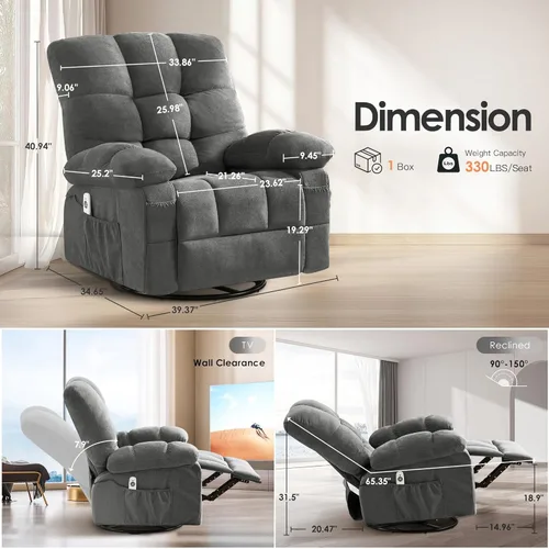 Miniatura 4 de Grey 360° Massage Swivel Recliner Chair with Vibration Massage and Lumbar Heating for Adults, Oversized Rocking Recliner Chair with Side Pocket and