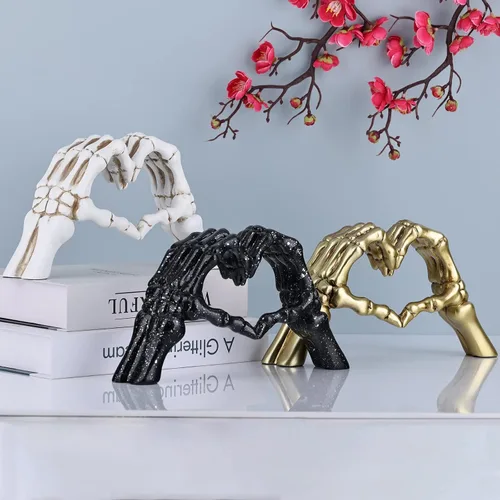Miniatura 7 de Escultura de hueso de mano negra, decoración de amor, estatua de pareja de esqueleto de Halloween, adorno de mano de corazón adecuado para sala