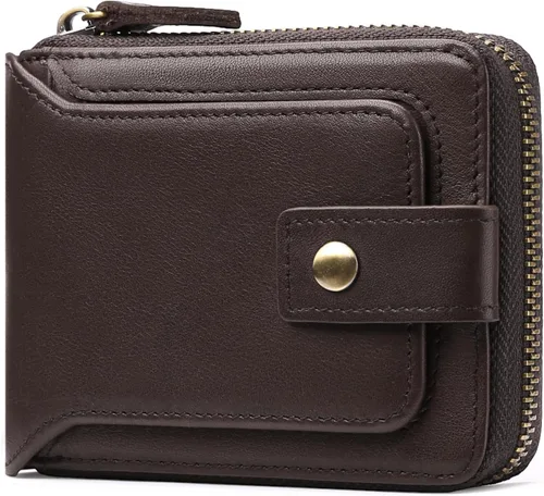 GOIACII Cartera con cremallera para hombre, de piel auténtica, con bloqueo RFID, con cremallera, bolsillo para monedas, para identificación, con Café