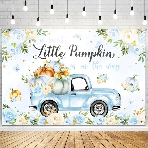 Fondo de decoración de baby shower con diseño de calabaza pequeña para niño, A Sweet Little Pumpkin is On The Way Fall Blue Floral Truck Fotografía