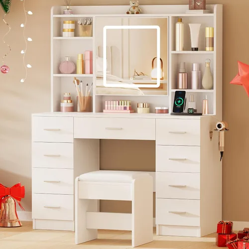 Miniatura 9 de BEWISHOME - Escritorio de maquillaje con espejo y luces, mesa de tocador con toma de corriente, mesa de tocador con taburete con 9 cajones y 6