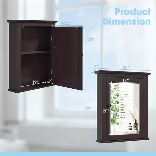 Miniatura 3 de Botiquín marrón con espejo, almacenamiento ajustable montado en la pared para baño, sala de estar, dormitorio, entrada y cocina