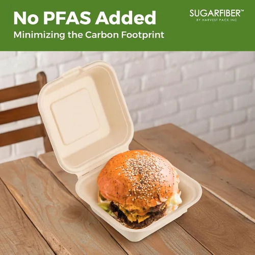 Miniatura 6 de [500 unidades] Fibra de azúcar por Harvest Pack PFAS FREE 6 x 6 pulgadas compostable Clamshell Recipientes de alimentos, contenedor con bisagras