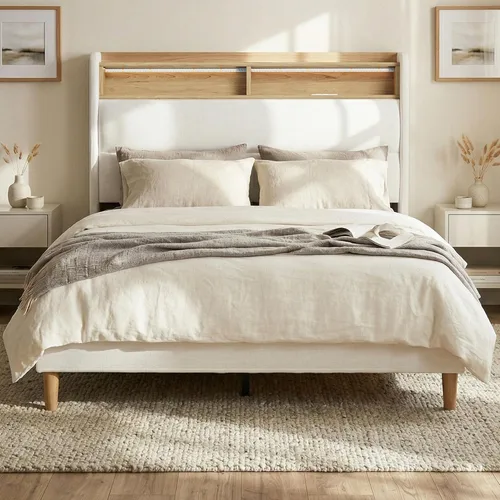 Miniatura 12 de Base de cama matrimonial con cabecera de almacenamiento con respaldo alado de 51.8 pulgadas, plataforma tapizada gris con estación de carga (tipo C)