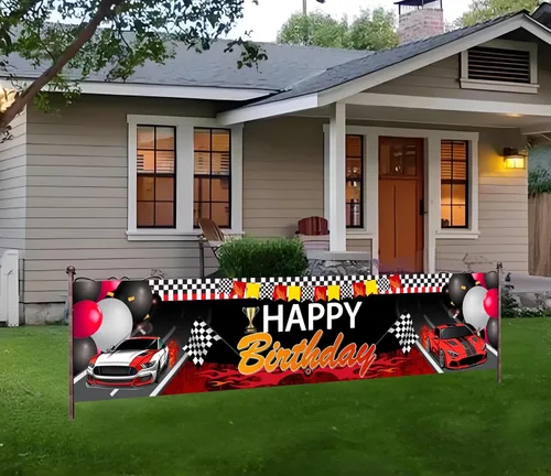 Cartel de feliz cumpleaños de coche de carreras, cartel de patio con temática de auto de carreras para suministros de fiesta de cumpleaños, telón de