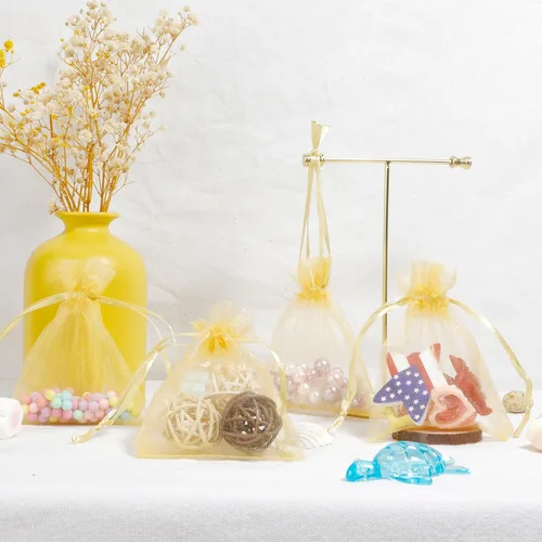Miniatura 5 de Bolsas de organza doradas, 50 unidades, bolsas transparentes de 3 x 4 pulgadas para joyas y recuerdos de fiesta con cordón, mini bolsas de regalo