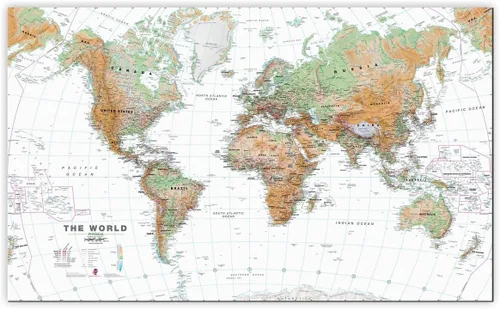Gifts Delight Póster laminado de 38 x 24 pulgadas: mapa físico - Mapa de pared grande del mundo - Lienzo físico del océano blanco