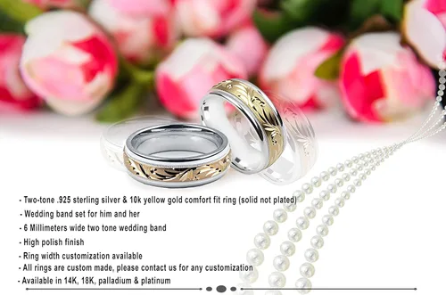 Miniatura 6 de Anillo de boda de plata esterlina y oro amarillo de 10 quilates, 8 milímetros, 2 tonos