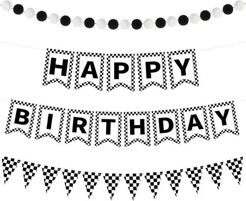 Fuyoooo 4 banderas de feliz cumpleaños a cuadros en blanco y negro con bandera de carreras, banderas de fiesta, incluidas decoraciones de fiesta de