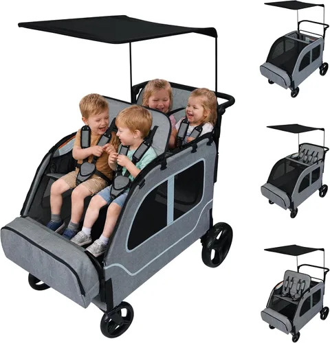 Miniatura 10 de Cochecito grande de 4 plazas, 2, 3, niños pequeños, color negro Car Shaped, Foldable, All Terrain, Removable Canopy, 5 Point Harness, Travel
