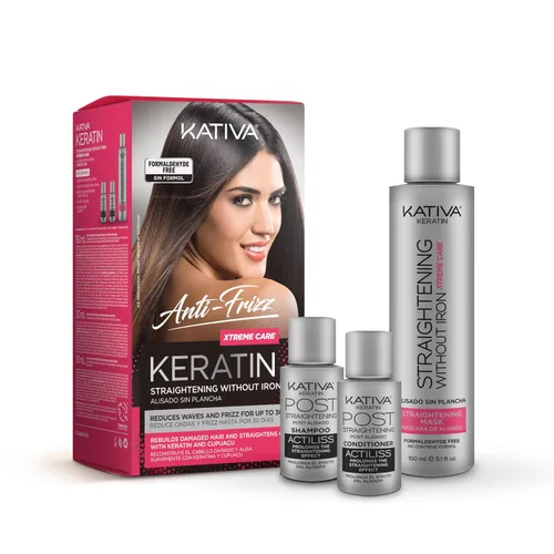 Kativa Anti-Frizz Xtreme Care, tratamiento alisador de uso doméstico con queratina y cupuaçu, reconstruye el cabello dañado y alisa las ondas