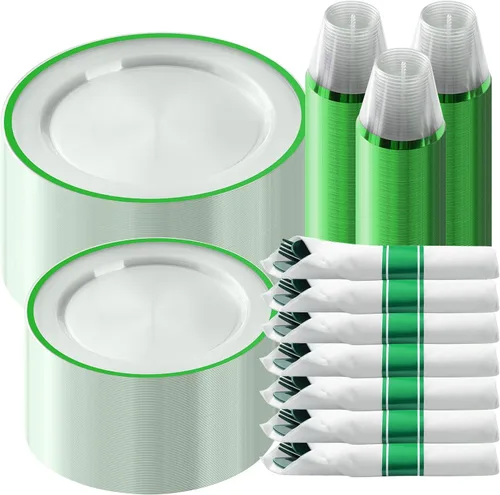 Goodluck Juego de vajilla de plástico verde de 350 piezas para el día de San Patricio, platos desechables transparentes para 50 invitados, incluye