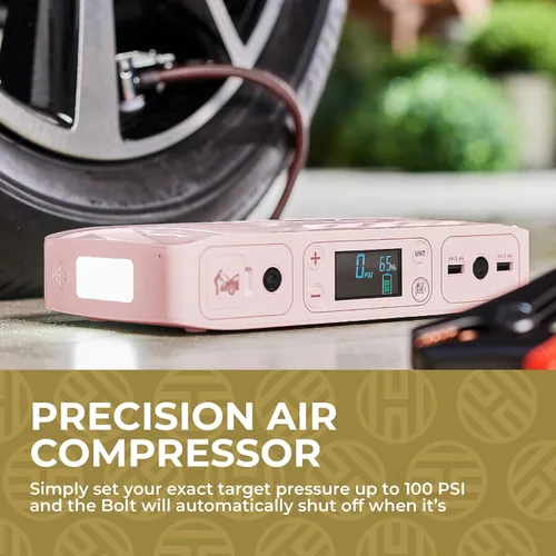 Miniatura 3 de HALO Bolt Air+ 55500 Arrancador de batería portátil para automóvil Compresor de aire de 100 PSI, banco de energía USB de 55.5 Wh, reflector