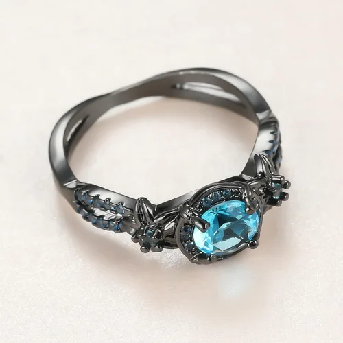 Miniatura 4 de Anillos góticos negros para mujer, topacio arcoíris místico con flor de amatista creada, anillo de compromiso gótico de oro negro, talla 6 a 11