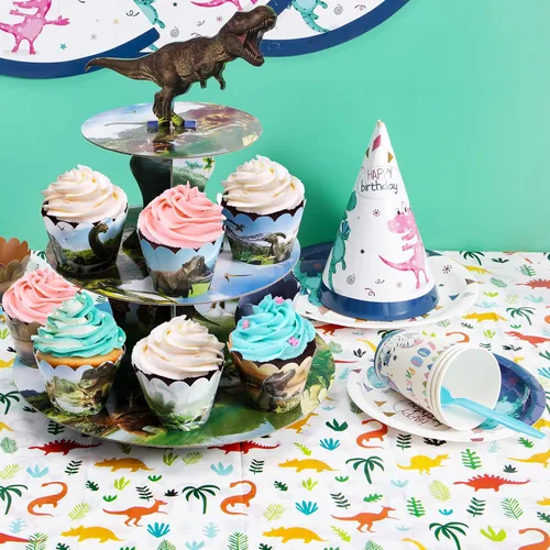 Miniatura 4 de Soporte para cupcakes de dinosaurio de 3 niveles para fiesta de cumpleaños de niños, soporte de cartón para 24 cupcakes