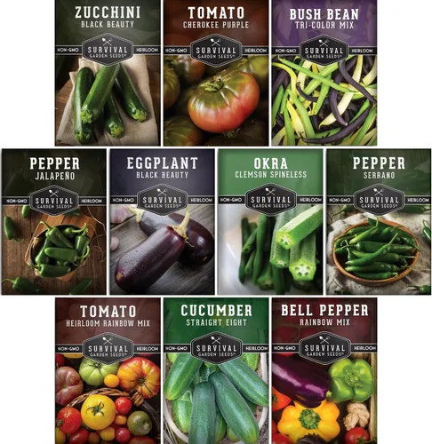 Semillas de jardín de verduras de verano, paquete variado de 10 heirloom sin OMG para plantar, colección de jardinería de clima cálido para verduras