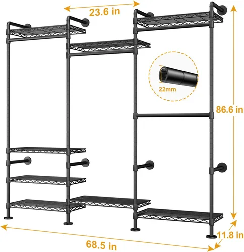 Miniatura 4 de ULIFHOME M6 - Perchero para montaje en pared, sistema de armario resistente con 8 estantes y 4 barras de suspensión, 68.5 pulgadas de ancho x 11.8
