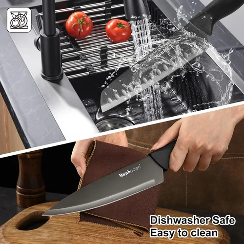 Miniatura 6 de Wanbasion Juego de cuchillos de cocina profesional negro, de acero inoxidable, apto para lavavajillas con fundas