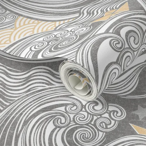 Miniatura 2 de Spoonflower Papel tapiz para despegar y pegar, diseño de bloques de aventura marina, olas, origami, barco, náutico, japonés, papel pintado extraíble