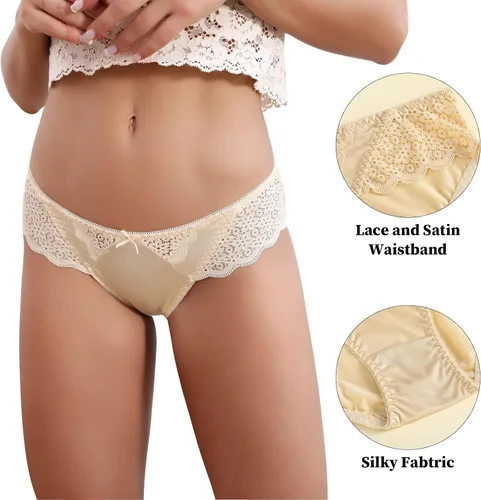 Miniatura 4 de BIONEK Ropa interior sexy para mujer, bikini de satén, ropa interior de encaje sedoso, hipster, paquete de 6