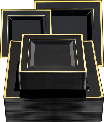 Miniatura 8 de Goodluck 100 Pack de Platos Desechables Cuadrados Negros, Platos de Plástico Resistente: 50 Platos de Cena de 24.1 cm y 50 Platos de Postre de 16.5