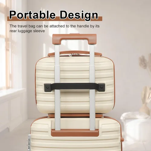 Miniatura 3 de Joyway Maleta de mano extensible de 20 pulgadas con rueda giratoria, juego de equipaje de carcasa dura de 4 piezas con bloqueo TSA (blanco marrón)