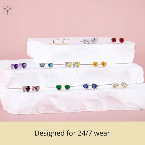 Miniatura 5 de MAX + STONE - Aretes de oro amarillo o blanco de 14 quilates con forma de corazón para mujer con piedra natal de 0.197in, Metal Gema