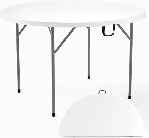 VINGLI Mesa comercial redonda bi-plegable blanca de 48", mesa de comedor/cartas de plástico portátil de 4 pies para cocina o fiesta al aire libre,