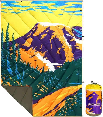 Manta de camping impresa para exteriores, manta de picnic de 2 libras, manta impermeable hinchada para clima frío, manta cálida para senderismo y