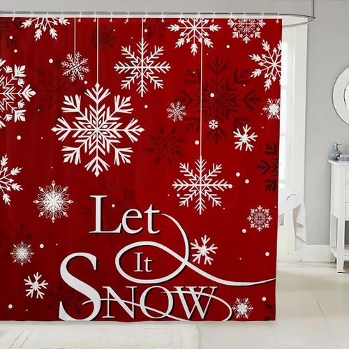 Miniatura 14 de Homewish Cortina de ducha de árbol de Navidad, juego de cortina de ducha de baño con diseño de copo de nieve dorado para niños y adultos, cortina