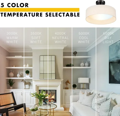 Miniatura 5 de Hamilyeah Lámpara de techo semiempotrada con pantalla de tela blanca, lámparas LED de 12 pulgadas para montaje en techo, lámpara de techo LED