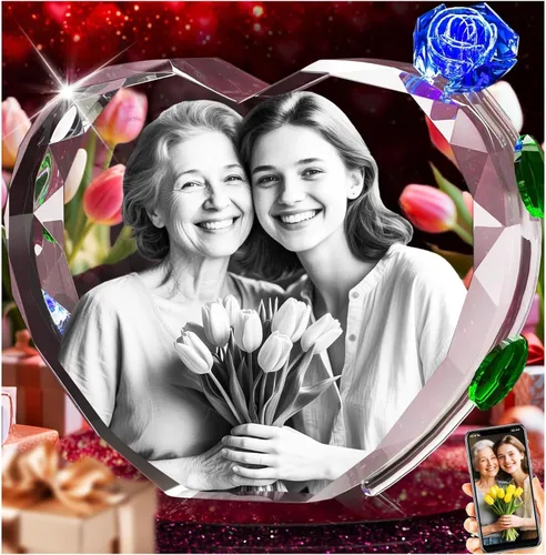3D Crystal Photo with Red Crystal Rose, Personalized Mothers Day Gifts for Mom, Wife, Women, Her, Girlfriend, Couple, Customized Glass Photo,