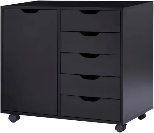 Cajón de 5 cajones con gabinete de 2 estantes, negro, almacenamiento inteligente, perfilado con divisores ajustables, ruedas con cerradura y