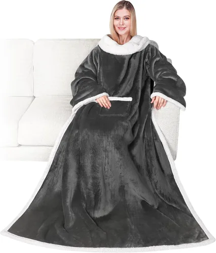 Miniatura 30 de PAVILIA Manta de forro polar con mangas para mujeres y hombres adultos, manta portátil cálida y suave, acogedora con bolsillo para abrazarse, manta