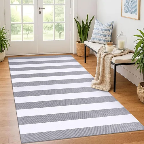 Miniatura 10 de KOZYFLY Felpudo a rayas blancas y negras de 2 x 3 pies, alfombra pequeña de área de algodón para porche delantero, alfombra lavable para exteriores