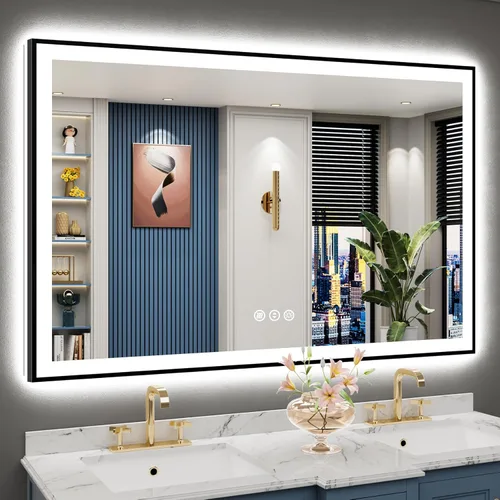 Miniatura 25 de 30x36 Espejo de baño LED con luces, retroiluminado y luz frontal, espejo de tocador iluminado antivaho para pared de baño, 3 colores, regulable