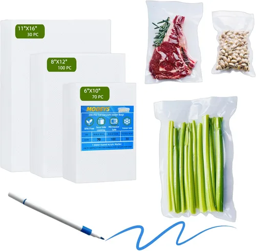 200 bolsas selladoras al vacío para alimentos + 1 marcador, 100 cuartos de galón + 70 pintas + 30 galones, sin BPA, 33 + % más gruesas, resistentes,