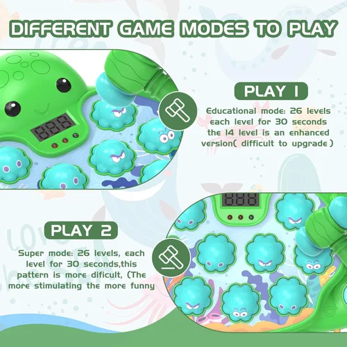 Miniatura 4 de Juego de Golpe de Vitalidad de Pulpo, Juguete Musical Educativo Whack-A-Mole con 2 Modos de Juego, Pantalla de Puntuación Digital, Juguete de Verde
