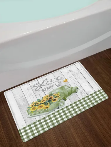 Miniatura 3 de EOBTAIN Juego de cortinas de ducha de girasol, camión de granja, campo, salvia, verde, a cuadros, flores florales amarillas en tablero de madera
